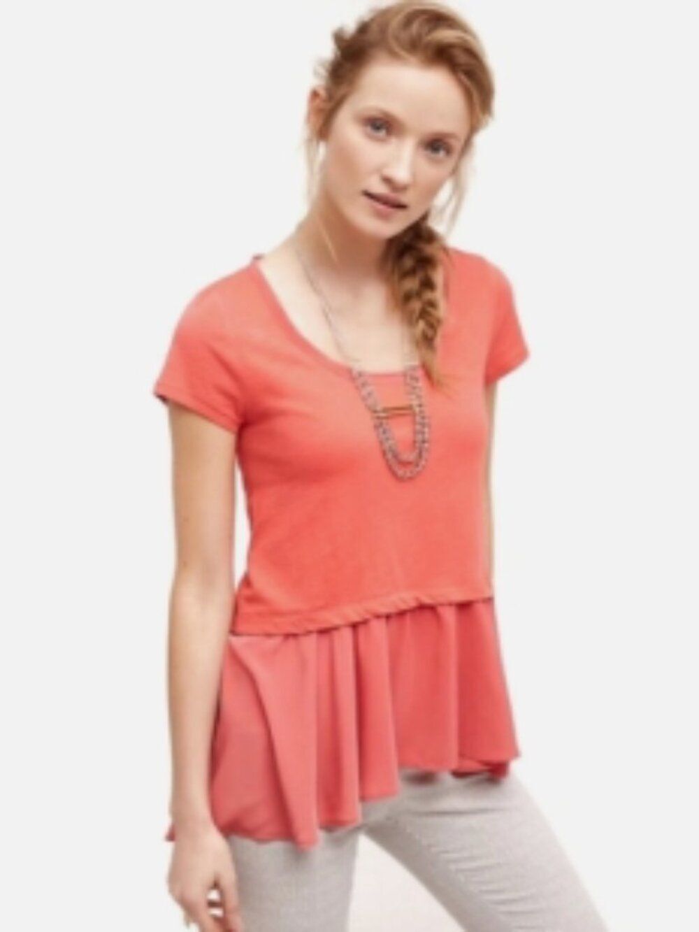 NWT Anthropologie Postmark Ruffle Bottom Top in Coral/Salmon Size M